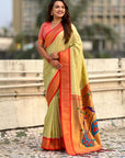 Traditional Paithani Silk Saree with Zari Woven Motifs And Meenakari Peacock Pallu
