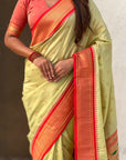 Traditional Paithani Silk Saree with Zari Woven Motifs And Meenakari Peacock Pallu