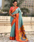 Traditional Paithani Silk Saree with Zari Woven Motifs And Meenakari Peacock Pallu