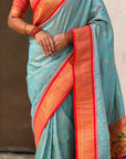 Traditional Paithani Silk Saree with Zari Woven Motifs And Meenakari Peacock Pallu