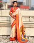 Traditional Paithani Silk Saree with Zari Woven Motifs And Meenakari Peacock Pallu