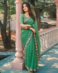 Pista Green Pure Crush Embroidered Saree with Multicolor Floral Motifs and Cutwork Border