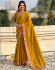 Mustard Pure Crush Embroidered Saree with Multicolor Floral Motifs and Cutwork Border