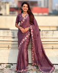 Wine Pure Crush Embroidered Saree with Multicolor Floral Motifs and Cutwork Border
