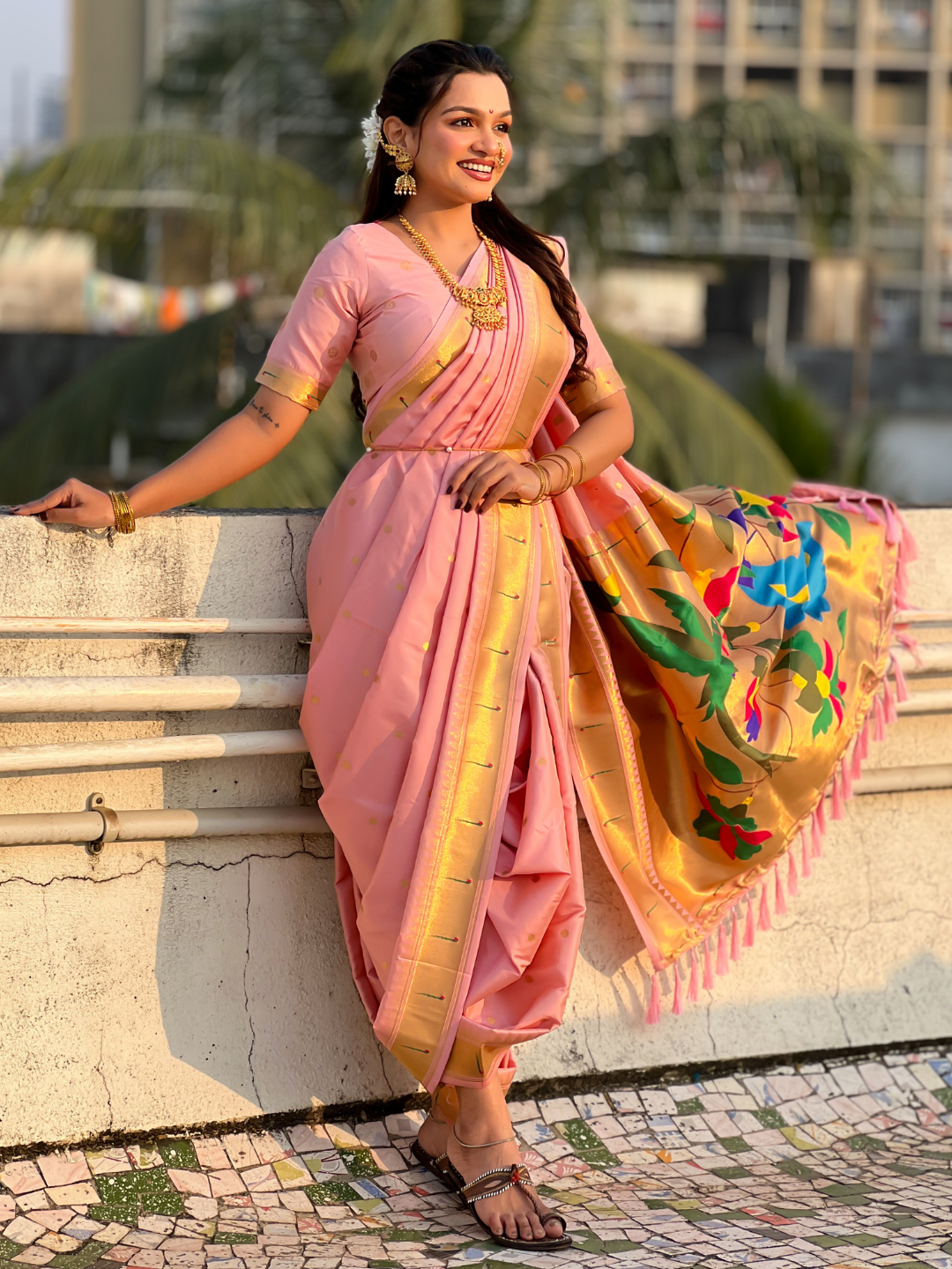 Baby Pink Wedding Special Nauvari Paithani Soft Silk Saree with Zari Woven Polka Motifs and Peacock Pallu