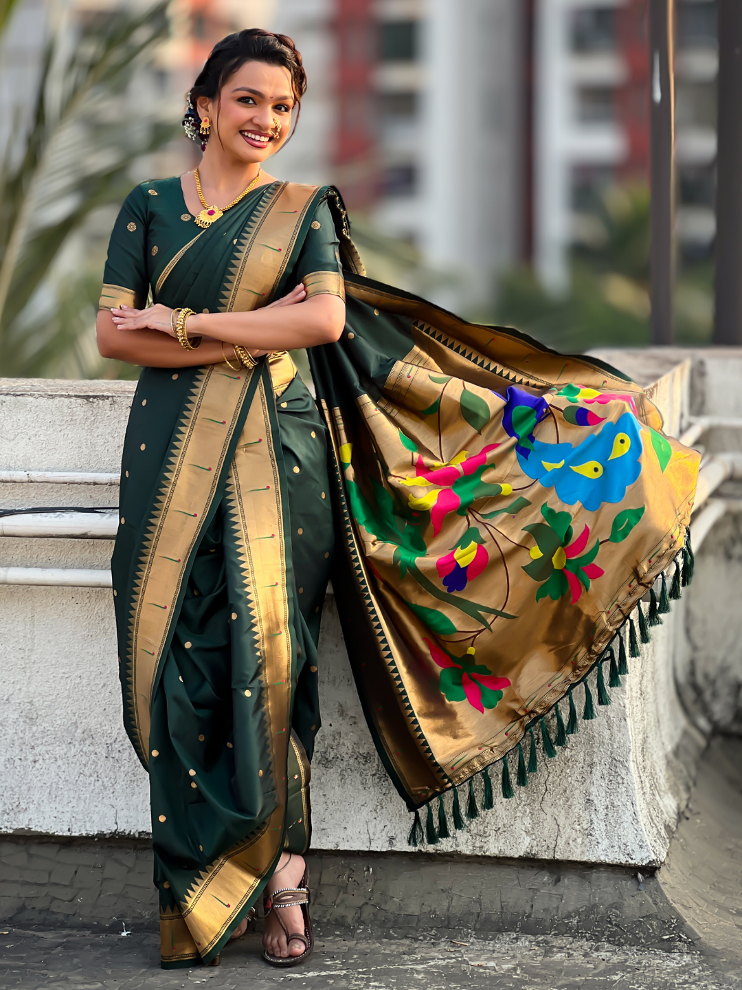 Bottle Green Wedding Special Nauvari Paithani Soft Silk Saree with Zari Woven Polka Motifs and Peacock Pallu