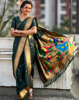 Bottle Green Wedding Special Nauvari Paithani Soft Silk Saree with Zari Woven Polka Motifs and Peacock Pallu