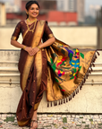 Coffee Wedding Special Nauvari Paithani Soft Silk Saree with Zari Woven Polka Motifs and Peacock Pallu