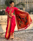 Pink Wedding Special Nauvari Paithani Soft Silk Saree with Zari Woven Polka Motifs and Peacock Pallu