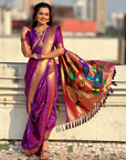 Special Nauvari Paithani Soft Silk Saree witPurple Weddingh Zari Woven Polka Motifs and Peacock Pallu