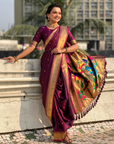 Wine Wedding Special Nauvari Paithani Soft Silk Saree with Zari Woven Polka Motifs and Peacock Pallu