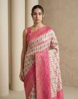 Cream Premium Patola Silk Ikat Meenakari Zari Woven Saree with Contrast Pallu and Brocade Blouse