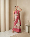 Cream Premium Patola Silk Ikat Meenakari Zari Woven Saree with Contrast Pallu and Brocade Blouse