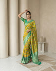 Mehendi Premium Patola Silk Ikat Meenakari Zari Woven Saree with Contrast Pallu and Brocade Blouse