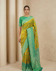Mehendi Premium Patola Silk Ikat Meenakari Zari Woven Saree with Contrast Pallu and Brocade Blouse
