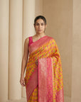 Orange Premium Patola Silk Ikat Meenakari Zari Woven Saree with Contrast Pallu and Brocade Blouse
