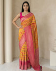 Orange Premium Patola Silk Ikat Meenakari Zari Woven Saree with Contrast Pallu and Brocade Blouse