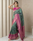 Parrot Green Premium Patola Silk Ikat Meenakari Zari Woven Saree with Contrast Pallu and Brocade Blouse