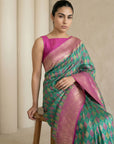 Parrot Green Premium Patola Silk Ikat Meenakari Zari Woven Saree with Contrast Pallu and Brocade Blouse