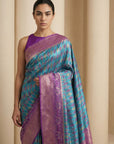 Sky Premium Patola Silk Ikat Meenakari Zari Woven Saree with Contrast Pallu and Brocade Blouse