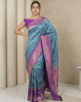 Sky Premium Patola Silk Ikat Meenakari Zari Woven Saree with Contrast Pallu and Brocade Blouse