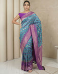 Sky Premium Patola Silk Ikat Meenakari Zari Woven Saree with Contrast Pallu and Brocade Blouse