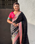 Black Pure Viscose Silk Meenakari Zari Motif Saree with Folk Art Pallu and Brocade Blouse