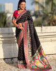Black Pure Viscose Silk Meenakari Zari Motif Saree with Folk Art Pallu and Brocade Blouse