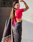 Black Pure Viscose Silk Meenakari Zari Motif Saree with Folk Art Pallu and Brocade Blouse