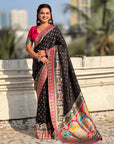 Black Pure Viscose Silk Meenakari Zari Motif Saree with Folk Art Pallu and Brocade Blouse