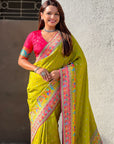 Mehendi Pure Viscose Silk Meenakari Zari Motif Saree with Folk Art Pallu and Brocade Blouse