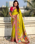 Mehendi Pure Viscose Silk Meenakari Zari Motif Saree with Folk Art Pallu and Brocade Blouse
