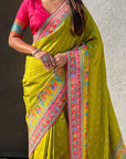 Mehendi Pure Viscose Silk Meenakari Zari Motif Saree with Folk Art Pallu and Brocade Blouse