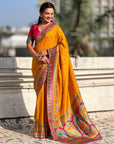 Mustard Pure Viscose Silk Meenakari Zari Motif Saree with Folk Art Pallu and Brocade Blouse