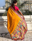Mustard Pure Viscose Silk Meenakari Zari Motif Saree with Folk Art Pallu and Brocade Blouse