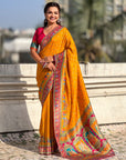 Mustard Pure Viscose Silk Meenakari Zari Motif Saree with Folk Art Pallu and Brocade Blouse