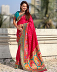 Pink Pure Viscose Silk Meenakari Zari Motif Saree with Folk Art Pallu and Brocade Blouse