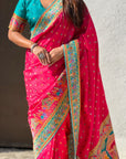 Pink Pure Viscose Silk Meenakari Zari Motif Saree with Folk Art Pallu and Brocade Blouse