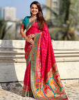 Pink Pure Viscose Silk Meenakari Zari Motif Saree with Folk Art Pallu and Brocade Blouse