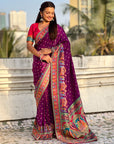Purple Pure Viscose Silk Meenakari Zari Motif Saree with Folk Art Pallu and Brocade Blouse