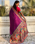 Purple Pure Viscose Silk Meenakari Zari Motif Saree with Folk Art Pallu and Brocade Blouse