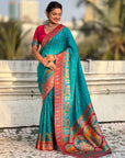 Rama Pure Viscose Silk Meenakari Zari Motif Saree with Folk Art Pallu and Brocade Blouse