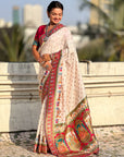 White Pure Viscose Silk Meenakari Zari Motif Saree with Folk Art Pallu and Brocade Blouse