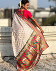 White Pure Viscose Silk Meenakari Zari Motif Saree with Folk Art Pallu and Brocade Blouse