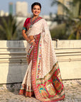 White Pure Viscose Silk Meenakari Zari Motif Saree with Folk Art Pallu and Brocade Blouse