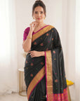 Black Premium Soft Silk Saree Designer Party Wear Saree With Gold Zari Peacock Motifs Meenakari Pallu Wedding Festive Saree