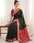 Black Premium Soft Silk Saree Designer Party Wear Saree With Gold Zari Peacock Motifs Meenakari Pallu Wedding Festive Saree