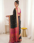 Black Premium Soft Silk Saree Designer Party Wear Saree With Gold Zari Peacock Motifs Meenakari Pallu Wedding Festive Saree
