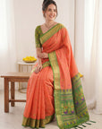 Peach Premium Soft Silk Saree Designer Party Wear Saree With Gold Zari Peacock Motifs Meenakari Pallu Wedding Festive Saree
