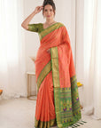Peach Premium Soft Silk Saree Designer Party Wear Saree With Gold Zari Peacock Motifs Meenakari Pallu Wedding Festive Saree